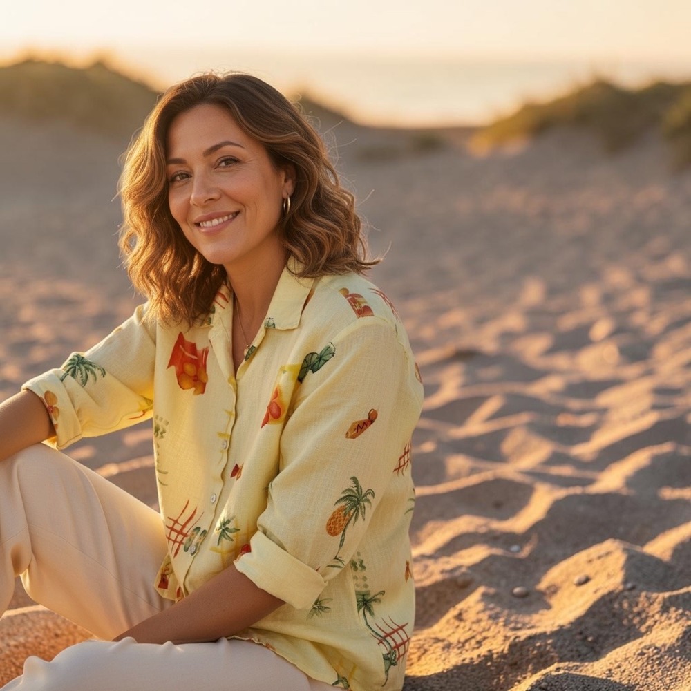Cotton Connection 100% Linen Beach Novelty Print Shirt Yellow XL 3/4 Sleeve